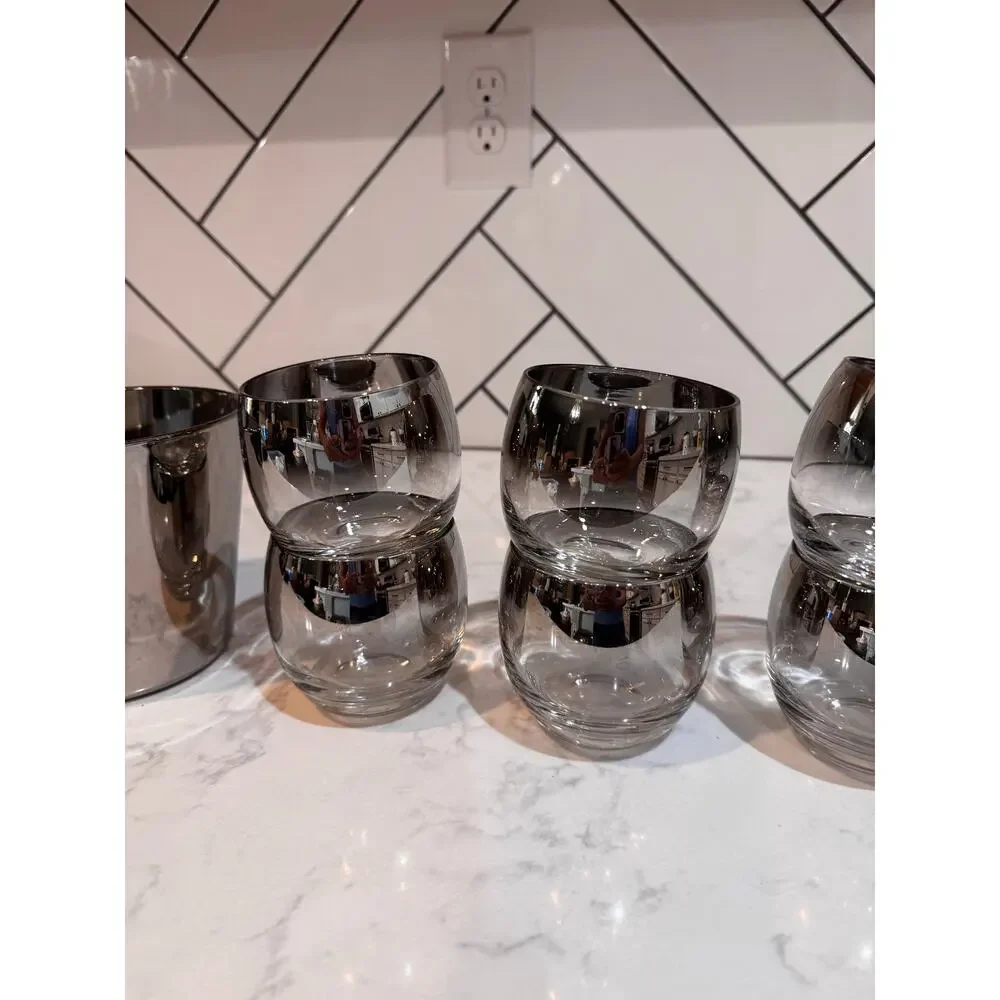 Mid-Century Modern Silver Ombre roly-poly cocktail set 8 cups w/ ice bucket 60s